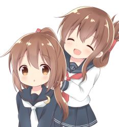 Rule 34 | 10s, 2girls, :d, :o, ^ ^, absurdres, anchor symbol, black serafuku, blush, brown eyes, brown hair, brushing hair, chutney, closed eyes, comb, commentary request, crescent, crescent pin, folded ponytail, fumizuki (kancolle), highres, inazuma (kancolle), kantai collection, long hair, long sleeves, multiple girls, necktie, open mouth, sailor collar, school uniform, serafuku, simple background, smile, white background