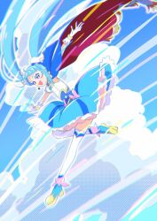 Rule 34 | 1girl, :d, ahoge, blue cape, blue dress, blue eyes, blue footwear, blue hair, blue sky, boots, cape, cloud, cloudy sky, commentary, cure sky, cut bangs, day, detached sleeves, dress, earrings, emine mutsu, fingerless gloves, floating, frilled dress, frills, fringe trim, from side, gloves, highres, hirogaru sky! precure, jewelry, leg up, long hair, looking at viewer, looking back, magical girl, medium dress, open mouth, outdoors, outstretched arms, pink hair, precure, puffy detached sleeves, puffy sleeves, red cape, sky, sleeveless, sleeveless dress, smile, solo, sora harewataru, spread arms, thighhighs, twintails, two-sided cape, two-sided fabric, very long hair, white gloves, white thighhighs, wing hair ornament