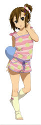 Rule 34 | 1girl, absurdres, alternate hairstyle, barefoot, bow, brown eyes, brown hair, feet, hair ornament, hairclip, hand on neck, heart, highres, k-on!, leg warmers, long image, no shoes, official art, one side up, open mouth, polka dot, shorts, side ponytail, solo, tainaka ritsu, tall image, toeless legwear, toes