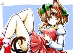 Rule 34 | 1girl, animal ears, azumaya toushirou, bad id, bad pixiv id, blush, bow, bowtie, brown eyes, brown hair, cat ears, cat tail, chen, earrings, green hat, hair between eyes, hat, highres, jewelry, juliet sleeves, long sleeves, looking at viewer, mob cap, multiple tails, open mouth, puffy sleeves, red footwear, shoes, short hair, socks, solo, tail, touhou, two tails, white socks, yellow bow, yellow bowtie