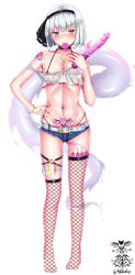 Rule 34 | 1girl, blunt bangs, blush, breasts, condom, condom in mouth, dildo, feet, fishnet thighhighs, fishnets, ghost, hand on own hip, highres, holding, konpaku youmu, konpaku youmu (ghost), looking at viewer, mouth hold, navel, nipple slip, nipples, sex toy, short hair, solo, standing, tattoo, thighhighs, toes, touhou, white hair