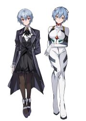Rule 34 | 2girls, alternate costume, angela (project moon), arm across waist, arm behind back, ascot, ayanami rei, blue hair, bodysuit, cosplay, costume switch, full body, highres, interface headset, library of ruina, long coat, looking at viewer, mu46016419, multiple girls, neon genesis evangelion, plugsuit, project moon, red eyes, short hair, skin tight, thighs, very short hair, white background, white bodysuit, yellow eyes