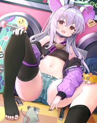 Rule 34 | absurdres, alternate costume, animal ears, blue archive, breasts, casual, commentary request, fang, feet, grey hair, halo, highres, jacket, long hair, looking at viewer, mask, medium breasts, mouse ears, mouse tail, mouth mask, nail polish, navel, nomio, open mouth, red eyes, saya (blue archive), saya (casual) (blue archive), shorts, skateboard, solo, tail, thighhighs, toenail polish, toenails, toes