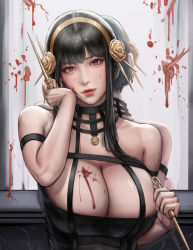 Rule 34 | black dress, black hair, blood, blood on breasts, blood on face, breasts, cleavage, dress, hair ornament, highres, jewelry, large breasts, necklace, red eyes, spy x family, weapon, yor briar