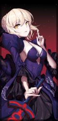 Rule 34 | 1girl, artoria pendragon (all), artoria pendragon (fate), blonde hair, breasts, cleavage, emil (dnjsrl63), excalibur morgan (fate), fate/grand order, fate/stay night, fate (series), twirling hair, highres, holding, holding sword, holding weapon, index finger raised, large breasts, looking at viewer, open mouth, saber (fate), saber alter, short hair, smile, solo, sword, teeth, weapon, yellow eyes