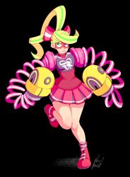 Rule 34 | 1girl, absurdres, arms (game), blonde hair, blue eyes, bluebreed, bow, boxing gloves, domino mask, green hair, hair bow, highres, mask, nintendo, ponytail, ribbon, ribbon girl (arms), shorts, shorts under skirt, skirt, smile, solo
