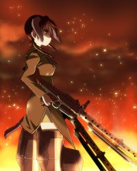 Rule 34 | 1girl, animal ears, brown eyes, brown hair, dual wielding, fire, flying, gertrud barkhorn, gun, highres, holding, kaneko (novram58), long hair, luftwaffe, machine gun, mg 34, neck ribbon, profile, red theme, ribbon, serious, smoke, solo, strike witches, striker unit, tail, twintails, uniform, weapon, wehrmacht, world witches series