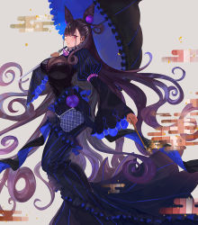 Rule 34 | bag, black dress, breasts, calligraphy brush, cone hair bun, double bun, dress, fate/grand order, fate (series), flower, frilled umbrella, frills, full body, hair between eyes, hair bun, hair ornament, handbag, holding, holding umbrella, large breasts, long hair, looking at viewer, murasaki shikibu (fate), my-cooma, paintbrush, puffy sleeves, purple eyes, simple background, solo, two side up, umbrella, very long hair, wisteria