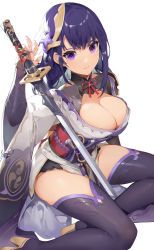 Rule 34 | 1girl, akizone, boots, breasts, cleavage, closed mouth, commentary, flower, genshin impact, hair flower, hair ornament, hand up, highres, japanese clothes, jewelry, kimono, large breasts, long hair, long sleeves, looking at viewer, mole, mole under eye, neck ribbon, purple eyes, purple flower, purple hair, raiden shogun, red ribbon, ribbon, ring, shiny skin, simple background, sitting, solo, thigh boots, thighhighs, white background, wide sleeves