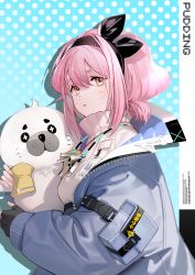 Rule 34 | 1girl, absurdres, arknights, black gloves, black hairband, blue jacket, breasts, character name, commentary request, drop shadow, facial mark, fingerless gloves, gloves, grey eyes, hair between eyes, hairband, highres, holding, holding stuffed toy, jacket, long sleeves, looking at viewer, off shoulder, pink hair, pudding (arknights), short hair, small breasts, solo, stuffed animal, stuffed seal, stuffed toy, turtleneck, upper body, whisker markings, zheshe jing