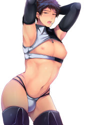 Rule 34 | 10s, 1boy, all out!!, armpits, arms behind head, arms up, bandages, black gloves, black hair, blush, bulge, elbow gloves, funkasiahq, gloves, male focus, miyuki atsushi, nipples, open mouth, solo, tagme, thighhighs, underwear, undressing