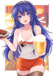 Rule 34 | 1girl, alcohol, banned artist, bare arms, bare shoulders, beer, beer mug, blue eyes, blue hair, collarbone, commentary request, commission, cowboy shot, cup, fire emblem, fire emblem awakening, hair between eyes, hand up, highres, holding, holding cup, hooters, long hair, looking at viewer, lucina (fire emblem), mug, nintendo, open mouth, orange shorts, shimizu akina, short shorts, shorts, skeb commission, solo, standing, tank top, thighhighs, thighs, tiara, white tank top