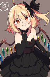 Rule 34 | 1girl, ahoge, alternate costume, bare shoulders, black bow, black choker, black dress, black gloves, blonde hair, bow, choker, closed mouth, collarbone, commentary request, corset, crystal wings, dot nose, dress, dress bow, elbow gloves, finger to cheek, flandre scarlet, frilled bow, frilled choker, frilled dress, frills, from above, gloves, hair bow, heart, highres, looking at viewer, medium hair, moja (moja4192), orange eyes, purple corset, side ponytail, simple background, smile, solo, spoken heart, touhou, wings