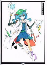 Rule 34 | 1girl, blue eyes, blue hair, character name, coat, dress, hair bobbles, hair ornament, hands in pockets, hat, highres, ideolo, kawashiro nitori, key, looking at viewer, matching hair/eyes, mechanical arms, scan, screw, screwdriver, short hair, single mechanical arm, smile, socks, solo, tools, touhou, twintails, two side up, white background