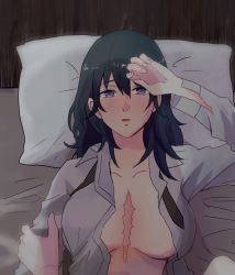 Rule 34 | 1girl, bed, blue eyes, blue hair, blush, breasts, breasts apart, byleth (female) (fire emblem), byleth (fire emblem), fire emblem, fire emblem: three houses, large breasts, long sleeves, looking at viewer, lying, nintendo, no bra, on back, open clothes, open mouth, open shirt, parted lips, pillow, pov, scar, solo focus, upper body, yukiyanagi raki