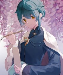 Rule 34 | 1boy, ari (bleum), asymmetrical hair, blue bow, blue coat, blue hair, bow, calligraphy brush, cape, chinese clothes, closed mouth, coat, commentary request, eyelashes, flower, genshin impact, gradient background, hair between eyes, hand up, highres, holding, holding brush, long sleeves, looking at viewer, male focus, monocle, paintbrush, paper, purple flower, short hair, sidelocks, smile, solo, upper body, white cape, wide sleeves, wisteria, xingqiu (aoi no okina) (genshin impact), xingqiu (genshin impact), yellow eyes