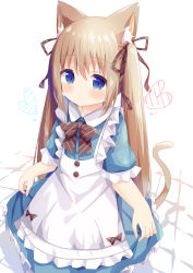 Rule 34 | 1girl, absurdres, animal ear fluff, animal ears, apron, blue dress, blue eyes, blush, bow, brown bow, cat ears, cat girl, cat tail, closed mouth, collared dress, commentary request, diagonal stripes, dress, frilled apron, frilled dress, frilled sleeves, frills, hair between eyes, heart, highres, light brown hair, long hair, nakkar, original, puffy short sleeves, puffy sleeves, short sleeves, simple background, smile, solo, striped, striped bow, tail, twintails, very long hair, white apron, white background
