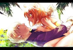 Rule 34 | 1boy, 1girl, ahoge, arm around waist, bad id, bad pixiv id, bikini, blonde hair, bracelet, closed mouth, collared shirt, dress shirt, earrings, eye contact, fate/grand order, fate (series), from side, fujimaru ritsuka (female), fujimaru ritsuka (female) (brilliant summer), gilgamesh (establishment) (fate), gilgamesh (fate), groin, hair ornament, hair scrunchie, jewelry, kneeling, leaning forward, long sleeves, looking at another, lying, medium hair, official alternate costume, on back, open mouth, orange bikini, orange hair, profile, purple shirt, red eyes, redrabbit44, scrunchie, shirt, shoulder blades, side ponytail, smile, striped bikini, striped clothes, swimsuit, untying, white background, wing collar, yellow eyes, yellow scrunchie