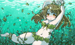 Rule 34 | 1girl, afloat, air bubble, arms up, asphyxiation, barefoot, bikini, blush, bound, bound wrists, breasts, breath, brown hair, bubble, drowning, floating, freediving, green bikini, highres, holding breath, leaf, leaf bikini, long hair, medium breasts, mochizuki usagi, navel, ocean, open mouth, original, restrained, seaweed, swimming, swimsuit, thighs, underwater, yellow eyes