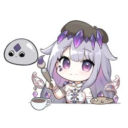 Rule 34 | 1girl, chibi, coffee cup, cup, detached collar, disposable cup, dress, grey hair, highres, holding, holding paintbrush, hololive, hololive english, koseki bijou, koseki bijou (1st costume), paintbrush, palette (object), pebble (koseki bijou), purple eyes, smile, snowmya, strapless, strapless dress, virtual youtuber, white background