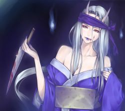 Rule 34 | 1girl, alfa system, bare shoulders, blood, blood on face, bloody knife, breasts, bubuzuke, cleavage, collarbone, copyright request, demon girl, highres, holding, holding knife, horns, japanese clothes, kimono, knife, lips, long hair, oni, shikigami no shiro, silver hair, solo, tongue, yellow eyes, zasae