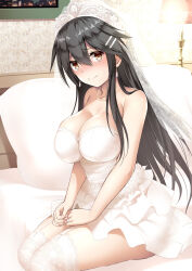 Rule 34 | 1girl, absurdres, alternate costume, bare shoulders, bed, bedroom, black hair, blush, breasts, bridal veil, brown eyes, cleavage, closed mouth, desk lamp, dress, earrings, garter straps, hair between eyes, hair ornament, hairclip, haruna (kancolle), highres, indoors, jewelry, kantai collection, kuromayu, lace, lace-trimmed legwear, lace trim, lamp, large breasts, layered dress, long hair, looking at viewer, necklace, nose blush, on bed, own hands together, pearl necklace, pillow, ring, sitting, smile, solo, straight hair, strapless, strapless dress, thighhighs, thighs, veil, very long hair, wedding dress, wedding ring, white dress, white thighhighs