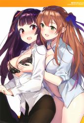 Rule 34 | 2girls, absurdres, bikini, bikini under clothes, black bra, black legwear, blush, bra, grabbing another&#039;s breast, breasts, brown hair, cleavage, criss-cross halter, dress shirt, girls&#039; frontline, grabbing, grabbing from behind, green eyes, hair ribbon, halterneck, highres, large breasts, long hair, long sleeves, medium breasts, multiple girls, o-ring, o-ring bikini, o-ring top, one side up, open clothes, open mouth, open shirt, pantyhose, partially unbuttoned, purple hair, red eyes, ribbon, scan, shirt, smile, springfield (girls&#039; frontline), swimsuit, two side up, underwear, wa2000 (girls&#039; frontline), weee (raemz), white bikini, yuri