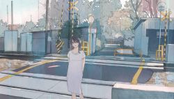Rule 34 | 1girl, arms behind back, black hair, building, closed mouth, commentary request, day, dress, feet out of frame, long hair, original, outdoors, railing, railroad crossing, railroad tracks, scenery, short sleeves, solo, standing, traffic mirror, tree, wamizu, white dress