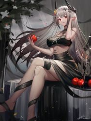 Rule 34 | 1girl, absurdres, apple, arknights, bare shoulders, bikini, black bikini, black choker, breasts, candle, choker, commentary, crossed legs, flower, food, fruit, hair flower, hair ornament, hand up, highres, holding, holding food, holding fruit, horns, huge filesize, infection monitor (arknights), ioriwu8, jewelry, large breasts, long hair, looking at viewer, material growth, mudrock (arknights), mudrock (silent night) (arknights), navel, necklace, official alternate costume, oripathy lesion (arknights), parted lips, red eyes, silver hair, sitting, solo, stomach, swimsuit, thighs, very long hair, yellow flower