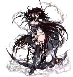 Rule 34 | 1girl, armored boots, black cape, black footwear, black hair, black veil, blush, bodice, boots, breasts, brooch, cape, cleavage, commentary request, crossed bangs, dust, frofrofrost, gauntlets, hair ornament, highres, holding, holding scythe, jewelry, large breasts, long hair, looking at viewer, maebari, miasma, monster hunter, monster hunter: world, monster hunter (series), navel, pale skin, parted lips, personification, red eyes, scythe, simple background, solo, thighhighs, torn clothes, vaal hazak, veil, very long hair, white background