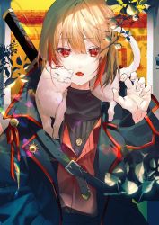 Rule 34 | 1boy, absurdres, androgynous, animal, animal on shoulder, black jacket, black shirt, blonde hair, cat, commission, highres, jacket, jewelry, katana, long sleeves, looking at viewer, male focus, necklace, open mouth, original, pixiv commission, red eyes, red vest, sainome (imveryfinethx), shirt, short hair, solo, sword, tongue, tongue out, vest, weapon