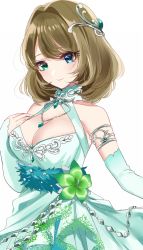 Rule 34 | 1girl, armlet, bad id, bad pixiv id, bare shoulders, blue eyes, breasts, brown hair, chain, cleavage, closed mouth, detached sleeves, dress, flower, green dress, green eyes, hair ornament, halterneck, hand on own chest, heterochromia, idolmaster, idolmaster cinderella girls, idolmaster cinderella girls starlight stage, jewelry, looking at viewer, medium breasts, misumi (macaroni), mole, mole under eye, necklace, pendant, short hair, simple background, smile, solo, swept bangs, takagaki kaede, white background