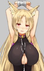 Rule 34 | 1girl, after paizuri, animal ears, armpits, arms up, bare arms, bare shoulders, black vest, blonde hair, blush, bound, bound wrists, breasts, cleavage, cleavage cutout, clothing cutout, commentary request, cum, cum on body, cum on breasts, cum on clothes, cum on upper body, fox ears, grey background, hair tubes, large breasts, long hair, looking at viewer, original, parted lips, pen (pen3), red eyes, simple background, solo, tears, upper body, very long hair, vest