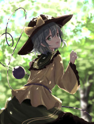 Rule 34 | 1girl, :d, bad id, bad pixiv id, black hat, blurry, blurry background, blush, bow, check commentary, commentary request, dappled sunlight, day, frilled shirt collar, frilled sleeves, frills, from behind, green eyes, green skirt, grey hair, hat, hat bow, heart, heart of string, highres, komeiji koishi, leaning forward, long skirt, long sleeves, looking at viewer, looking back, open mouth, outdoors, shirt, short hair, skirt, smile, solo, sunlight, third eye, touhou, tree, wide sleeves, yellow bow, yellow shirt, yukitourou