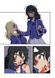 Rule 34 | 2girls, ^^^, andou (girls und panzer), bc freedom military uniform, black hair, blonde hair, blood, blood on clothes, blood on face, blue jacket, blue vest, breath, brown eyes, clenched hand, collar grab, comic, commentary, dark-skinned female, dark skin, dia (yvirus68), dress shirt, fighting stance, frown, girls und panzer, high collar, highres, jacket, long sleeves, medium hair, messy hair, military, military uniform, multiple girls, open mouth, oshida (girls und panzer), outside border, pleated skirt, sadism, shirt, silent comic, skirt, standing, sweat, symbol-only commentary, uniform, vest, white shirt, white skirt
