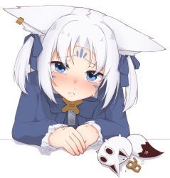 Rule 34 | 1girl, absurdres, animal ears, blue dress, blue eyes, blue ribbon, blush, broken, commentary request, crying, crying with eyes open, dress, earrings, ears down, fox ears, fox girl, frown, hair between eyes, hair ribbon, highres, hololive, jewelry, looking at viewer, micon, nejima kitsune (shirakami fubuki), parted bangs, personification, ribbon, sidelocks, simple background, sukonbu (shirakami fubuki), tears, twintails, virtual youtuber, white background, white hair