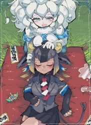Rule 34 | 2girls, absurdres, animal ears, arm rest, big hair, black hair, blanket, blonde hair, bottle, broken horn, cat girl, closed mouth, collared shirt, crown, unworn crown, day, elbow gloves, closed eyes, fingerless gloves, from above, fur collar, glass bottle, gloves, goshingyu-sama (kemono friends), grass, green eyes, grey hair, hand on another&#039;s face, hand on another&#039;s head, hand rest, highres, horns, jacket, kanmoku-san, kemono friends, kemono friends 3, lion ears, lion girl, lion tail, looking at another, lying, medium hair, multicolored hair, multicolored horns, multiple girls, necktie, on back, open clothes, outdoors, ox ears, ox girl, ox horns, plaid neckwear, plaid sleeves, plaid trim, purple horns, shirt, short sleeves, sitting, skirt, smile, spill, tail, tan, thigh strap, translation request, two-tone neckwear, white hair, white lion (kemono friends), wing collar, yellow horns