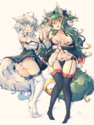 Rule 34 | 2girls, ahoge, animal ears, ass, beige background, black legwear, black panties, black ribbon, blue hair, breasts, cleavage, commentary request, garter straps, gluteal fold, green eyes, green hair, green nails, hair between eyes, hair ribbon, highres, kuromiya, kuromiya raika (kuromiya), large breasts, long hair, looking at viewer, lying, multicolored hair, multiple girls, nail polish, on back, open mouth, orange hair, original, panties, ribbon, shiromiya asuka (kuromiya), simple background, smile, tail, thighhighs, thighs, two-tone hair, underwear, white hair, white legwear, white panties