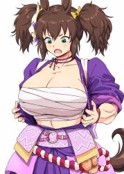 Rule 34 | 1girl, :o, anbj, animal ears, breasts, brown hair, chest sarashi, cleavage, fang, fox mask, green eyes, horse ears, horse girl, horse tail, huge breasts, inari one (umamusume), japanese clothes, mask, mask on head, muscular, muscular female, open mouth, sarashi, solo, tail, twintails, umamusume