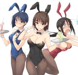 Rule 34 | 3girls, animal ears, asymmetrical hair, black hair, black legwear, black leotard, black neckwear, blue eyes, blue hair, blue leotard, blue neckwear, blush, breasts, brown eyes, brown hair, cherry, cleavage, closed mouth, collar, commentary request, constricted pupils, covered navel, cup, detached collar, drinking glass, drinking straw, earrings, fake animal ears, fake tail, food, frown, fruit, grin, halterneck, hand in own hair, hand on own chest, highres, holding, holding tray, jewelry, large breasts, leaning forward, lemon, lemon slice, leotard, ligh xi, lime (fruit), lime slice, long hair, looking at viewer, low ponytail, medium breasts, medium hair, multiple girls, neck ribbon, original, pantyhose, playboy bunny, rabbit ears, rabbit tail, red leotard, red neckwear, ribbon, short hair, side-tie leotard, sidelocks, simple background, sleeveless, smile, spilling, standing, tail, thigh gap, tray, tripping, white background, white collar, wrist cuffs, zekkyon