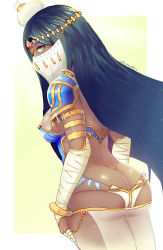 Rule 34 | 1girl, absurdres, arabian, arabian clothes, arabic text, arms at sides, ass, black hair, breasts, butt crack, cowboy shot, curvy, dark-skinned female, dark skin, fate/grand order, fate (series), from side, gold, green eyes, highres, jewelry, long hair, looking at viewer, medea (fate), medium breasts, ornament, outside border, scheherazade (fate), self-upload, skandha, solo, thick thighs, thighs, veil