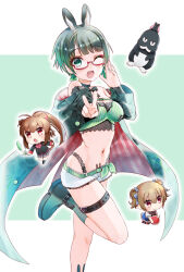 Rule 34 | 3girls, ;d, animal ears, apple, bare shoulders, black jacket, blue bow, blush, boots, bow, breasts, brown hair, c:, cat ears, chibi, chibi inset, choker, cleavage, closed mouth, coat, commentary, crossover, curvy, food, fruit, glasses, green background, green choker, green coat, green eyes, green footwear, green hair, green theme, grisaia (series), grisaia no kajitsu, hair bow, hand up, happy, highres, holding, holding food, holding fruit, indie virtual youtuber, irisu makina, jacket, little busters!, little busters! school uniform, long hair, long sleeves, looking at viewer, medium breasts, micro shorts, multiple girls, natsume rin, natsuoto rito, navel, one eye closed, open clothes, open coat, open mouth, outstretched arm, ponytail, rabbit ears, red-framed eyewear, red eyes, school uniform, semi-rimless eyewear, short hair, short sleeves, shorts, simple background, smile, solo focus, standing, standing on one leg, tamiyasu tomoe, tammy (vtuber), thigh strap, two-tone background, two side up, v, virtual youtuber, voice actor connection, white background, white shorts