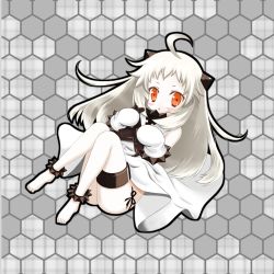 Rule 34 | 10s, 1girl, :&lt;, abyssal ship, ahoge, aircraft, airplane, blush, colored skin, dress, highres, holding, honeycomb (pattern), honeycomb background, honeycomb pattern, horns, jin (niconico837832), kantai collection, long hair, looking at viewer, mittens, northern ocean princess, orange eyes, panties, side-tie panties, solo, underwear, white dress, white hair, white skin
