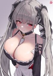 Rule 34 | 1girl, absurdres, azur lane, between breasts, black dress, breasts, cleavage, closed mouth, clothing cutout, collarbone, commentary, dress, earrings, formidable (azur lane), from above, gradient background, grey hair, hair ornament, highres, jesh art, jewelry, large breasts, long hair, long sleeves, looking at viewer, red eyes, shoulder cutout, signature, simple background, smile, solo, twintails