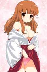 Rule 34 | 10s, 1girl, bad id, bad pixiv id, blush, borubomu, breasts, brown eyes, brown hair, cameltoe, cleavage, clothes lift, girls und panzer, japanese clothes, long hair, miko, open clothes, panties, skirt, skirt lift, solo, takebe saori, underwear, upskirt