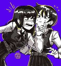 Rule 34 | 2girls, artist name, black hair, blue background, chainsaw man, cross scar, dress, face squeeze, facial scar, fourth east high school uniform, greyscale with colored background, hand on another&#039;s face, long hair, looking at another, mitaka asa, multiple girls, open mouth, osulan, pinafore dress, scar, scar on cheek, scar on face, school uniform, simple background, sleeveless, sleeveless dress, sweat, yoru (chainsaw man)