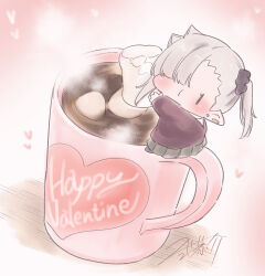 Rule 34 | 1girl, absurdres, black scrunchie, black socks, blush, brown sweater, chibi, commentary request, cup, ear piercing, earrings, food, green skirt, grey hair, hair ornament, hair over one eye, hair scrunchie, happy valentine, heart, highres, holding, holding food, ishikawa luna, jewelry, long sleeves, looking at viewer, looking to the side, marshmallow, mini person, minigirl, mug, nikki kyousuke, original, piercing, pleated skirt, pointy ears, scrunchie, shirt, side ponytail, signature, skirt, socks, solo, stud earrings, sweater, valentine, white shirt, | |