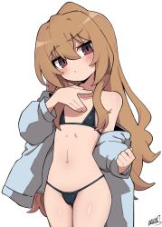 1girl aisaka_taiga bikini black_bikini blush brown_eyes brown_hair clenched_hand commentary flat_chest hair_between_eyes highres koonowen long_hair micro_bikini navel petite simple_background swimsuit symbol-only_commentary toradora! white_background