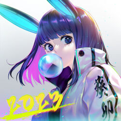 Rule 34 | 1girl, 2023, absurdres, animal ears, blue eyes, blunt bangs, blowing bubbles, chewing gum, chinese zodiac, clothes writing, colored inner hair, fake animal ears, gradient background, grey background, highres, jacket, long hair, multicolored hair, open clothes, open jacket, original, pink hair, purple hair, rabbit ears, solo, tarantulaines, two-tone hair, upper body, white jacket, year of the rabbit