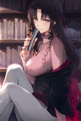 Rule 34 | 1girl, black hair, black jacket, blush, book, bookshelf, breasts, casual, fate/extra, fate/extra ccc, fate (series), hair ribbon, haoni, holding, holding book, jacket, jewelry, knees up, large breasts, long hair, looking at viewer, multicolored hair, necklace, off shoulder, pants, parted bangs, pendant, pink sweater, red hair, ribbed sweater, ribbon, sessyoin kiara, sitting, smile, solo, sweater, turtleneck, turtleneck sweater, two-tone hair, white pants, yellow eyes